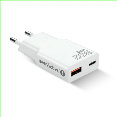 Ładowarka sieciowa everActive GaN SUPER SLIM SC-340Q QC3.0 USB-C PD 20W biała