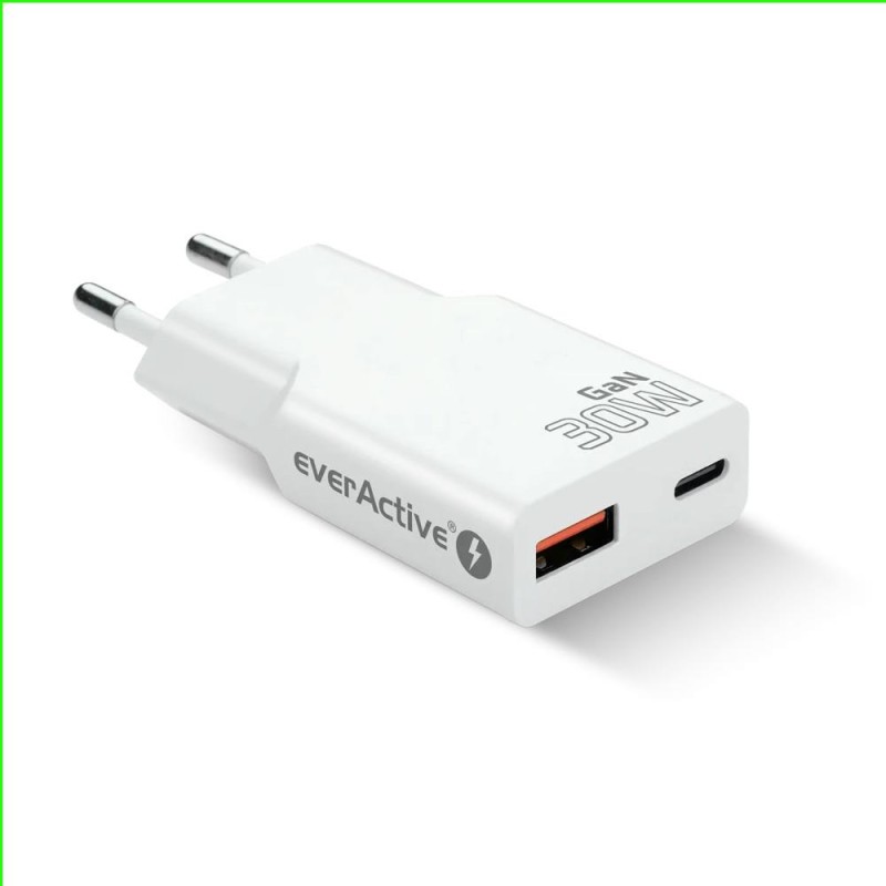 Ładowarka sieciowa everActive GaN SUPER SLIM SC-380Q QC3.0 USB-C PD 30W biała