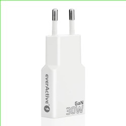 Ładowarka sieciowa everActive GaN SUPER SLIM SC-380Q QC3.0 USB-C PD 30W biała