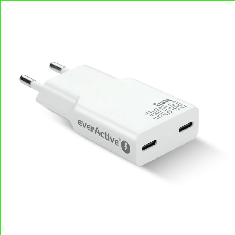 Ładowarka sieciowa everActive GaN SUPER SLIM SC-385Q QC4+ 2x USB-C PD 30W biała