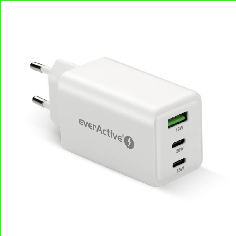 Ładowarka sieciowa everActive GaN SC-655Q 1x USB, 2x USB-C PD PPS QC4+ 65W biała